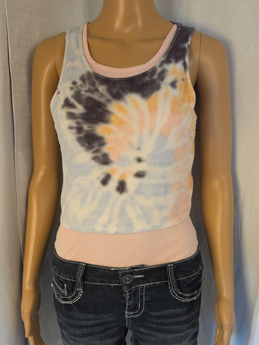 Layered Tank Tops Tie-Dye Ribbed  Pink and Black & Pink 100% Cotton Size Large